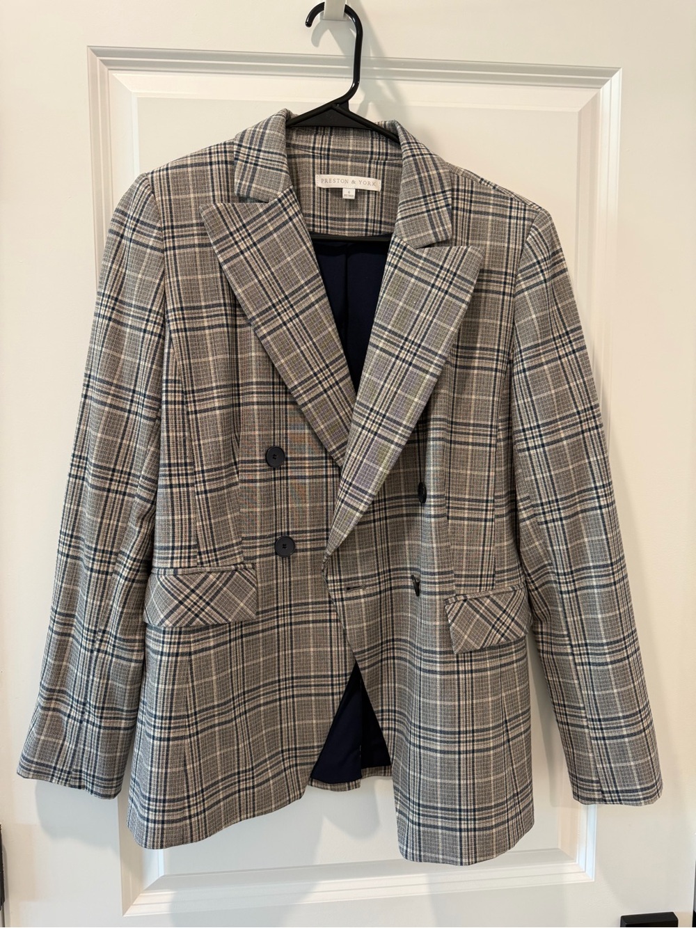 Preston & York Navy and Gray Plaid Double-Breasted Blazer